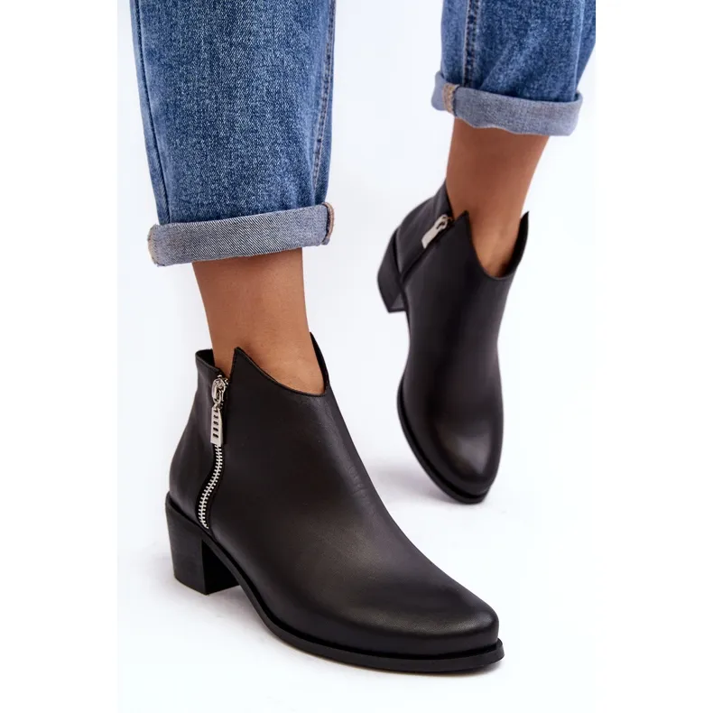 Bottines femme en cuir à tige basse sur talon haut avec fermetures éclair, Noir Annaja le noir