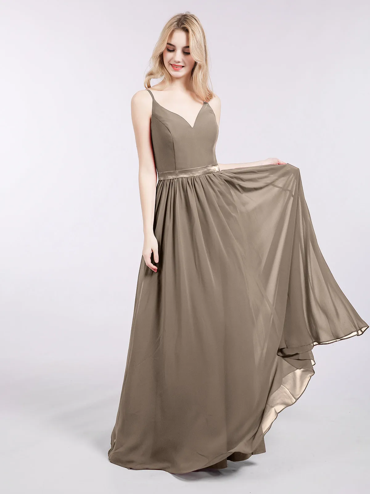 Bretelle Spaghetti Mousseline Robe de Demoiselle d'Honneur Taupe Grande Taille