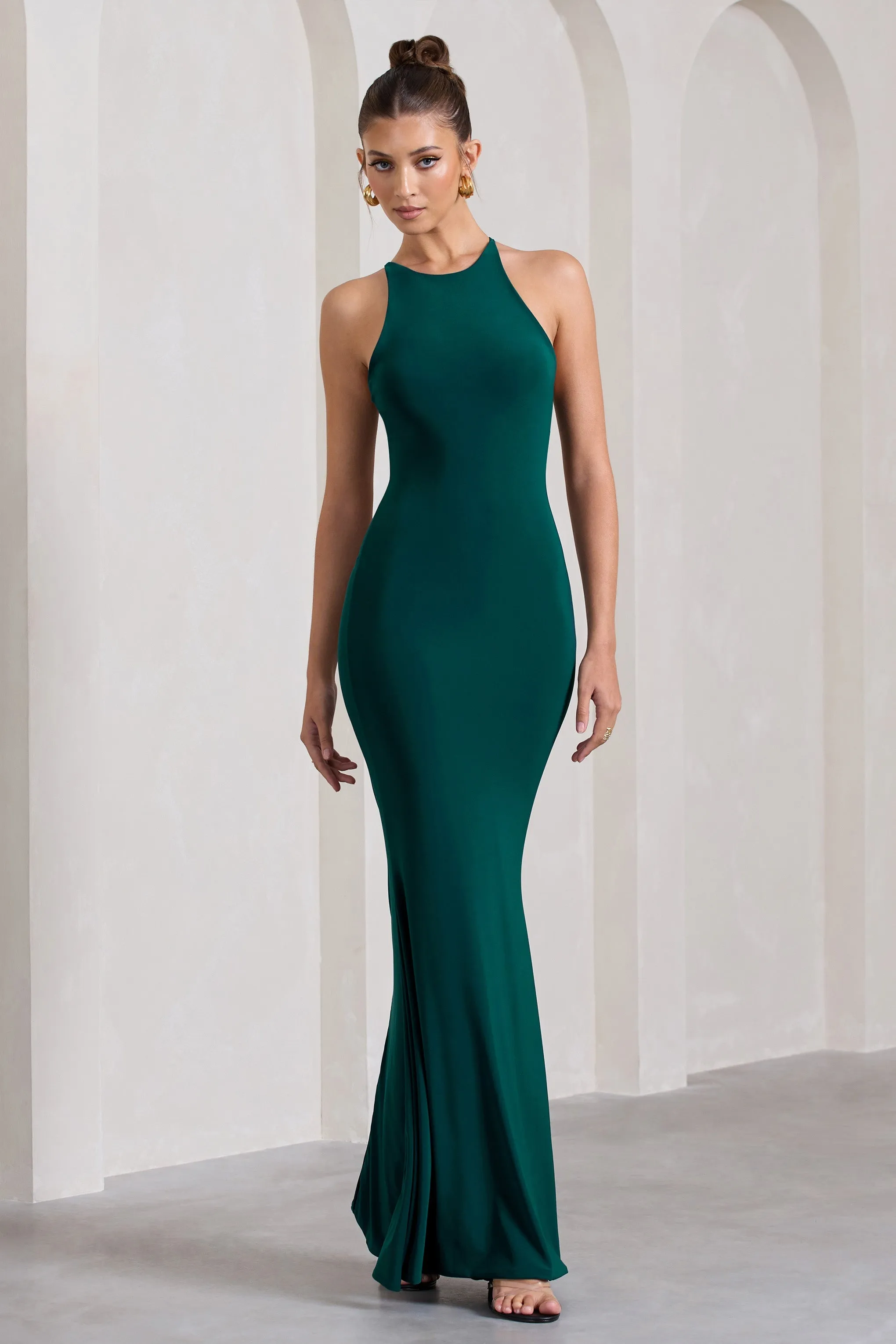 Brianna | Robe longue vert bouteille sans manches à col haut et dos nu