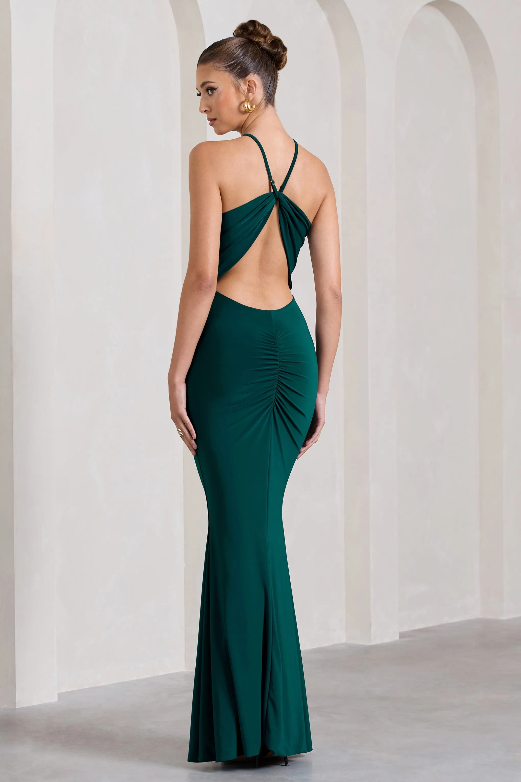 Brianna | Robe longue vert bouteille sans manches à col haut et dos nu