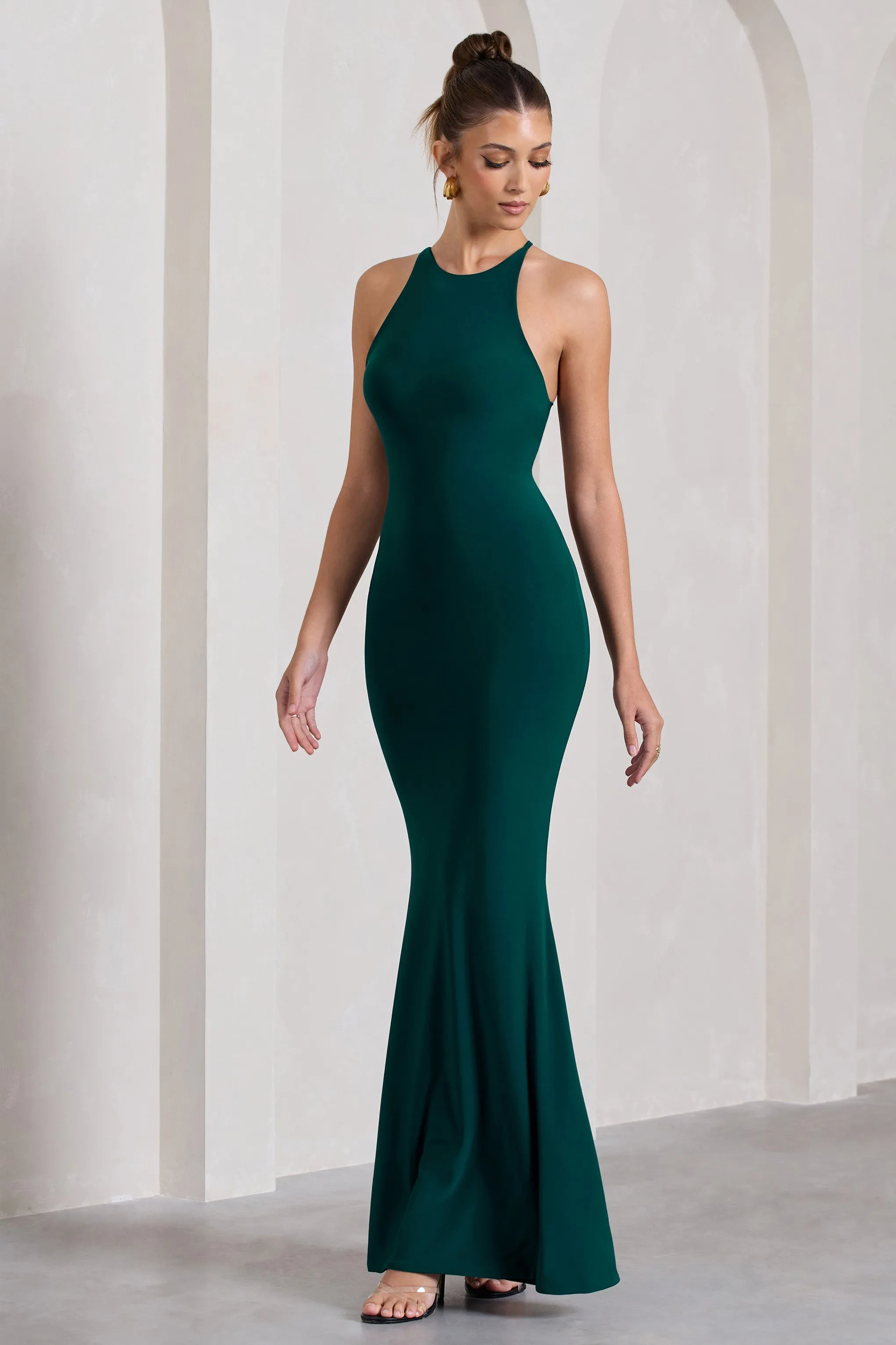 Brianna | Robe longue vert bouteille sans manches à col haut et dos nu