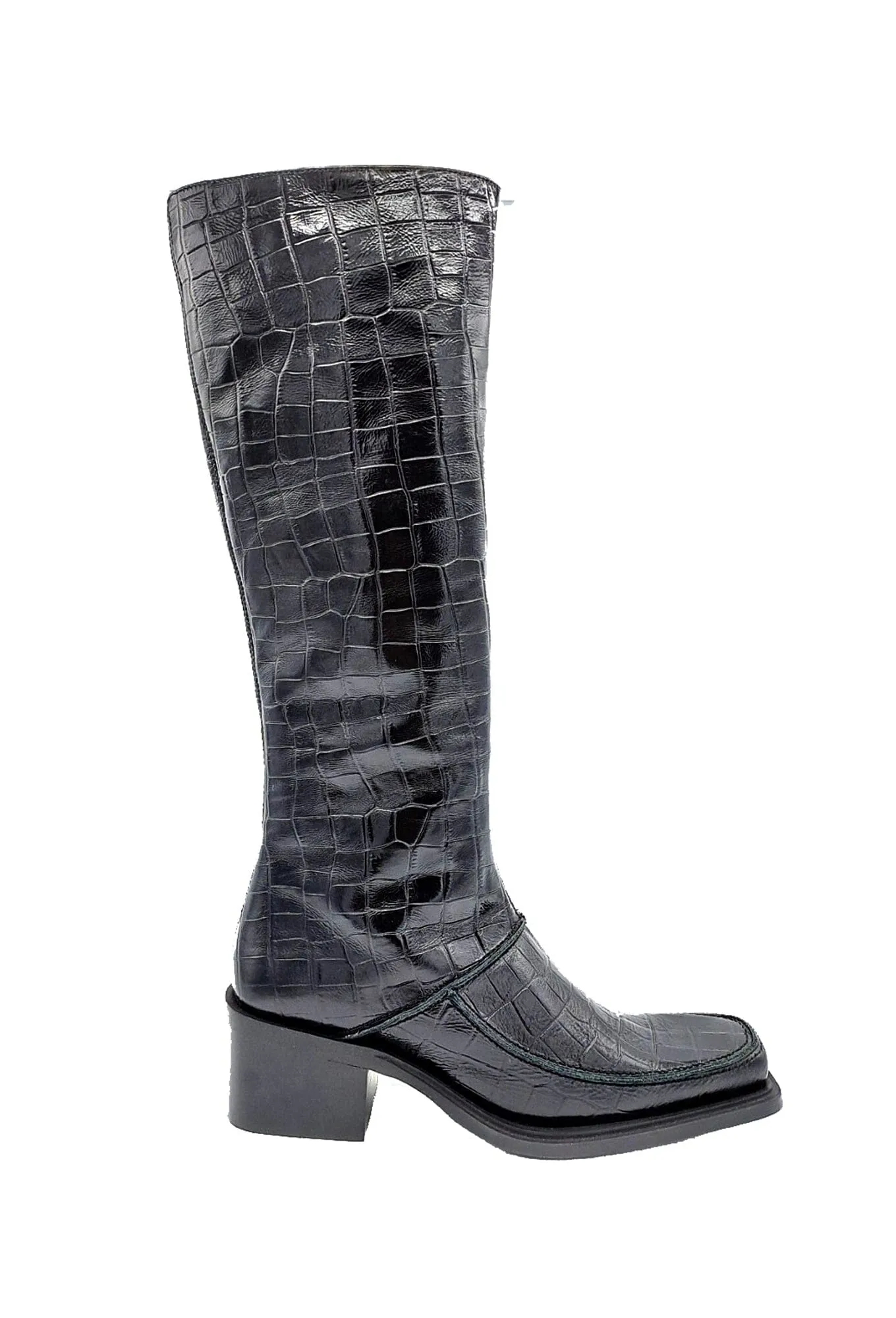 ISERAN - Bottes hautes talon et bout carré en cuir effet croco Noir