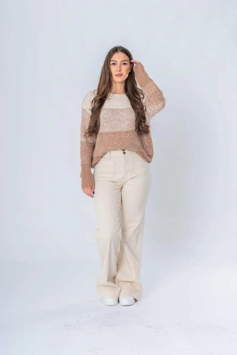 Jean coupe wide leg double boutons dorés beige