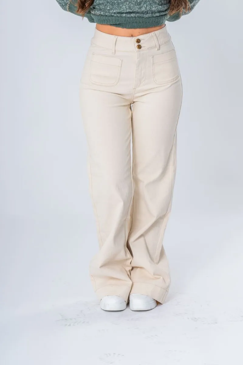 Jean coupe wide leg double boutons dorés beige