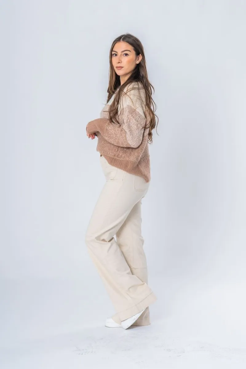 Jean coupe wide leg double boutons dorés beige