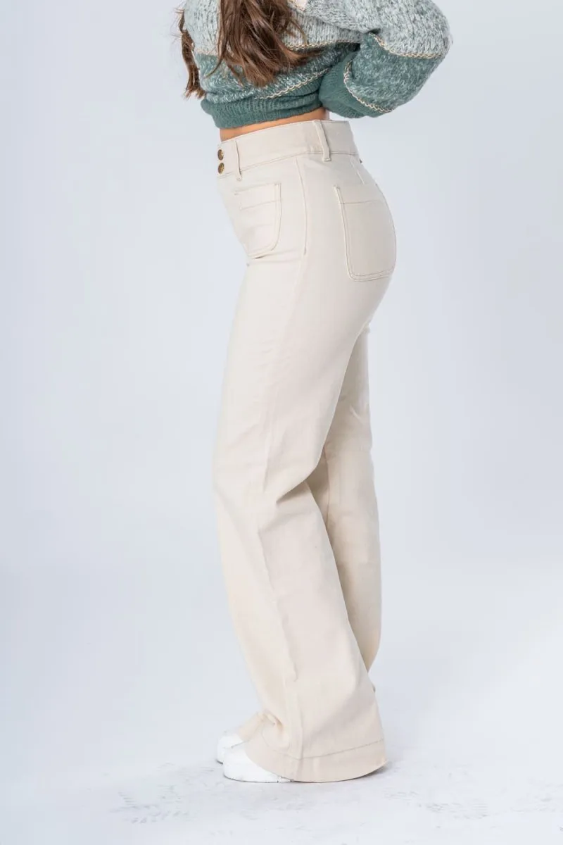 Jean coupe wide leg double boutons dorés beige