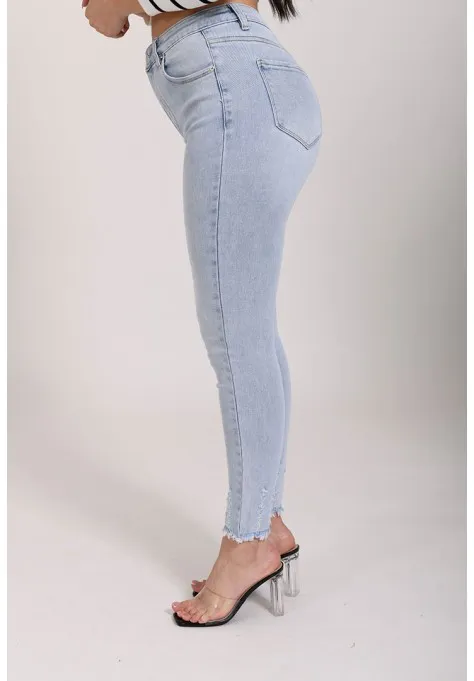 Jeans skinny taille haute griffé bleu clair tendance pour femmes