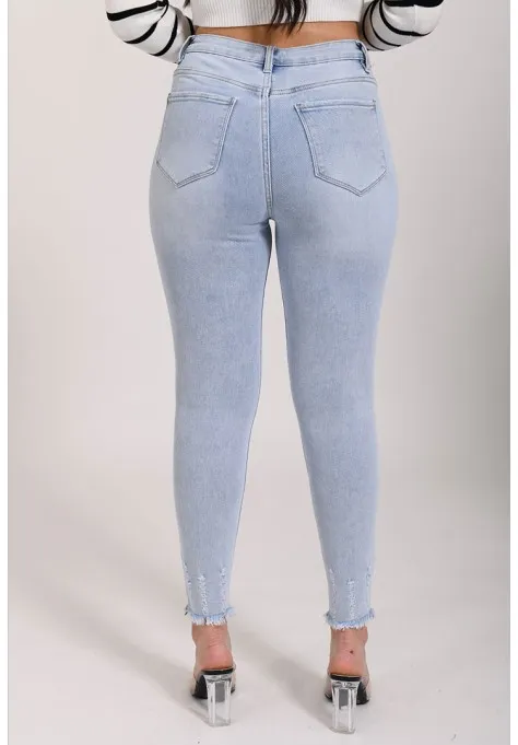 Jeans skinny taille haute griffé bleu clair tendance pour femmes