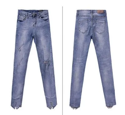 Jeans Skinny Troué pour Femme Genoux Déchiré Destroyed Denim