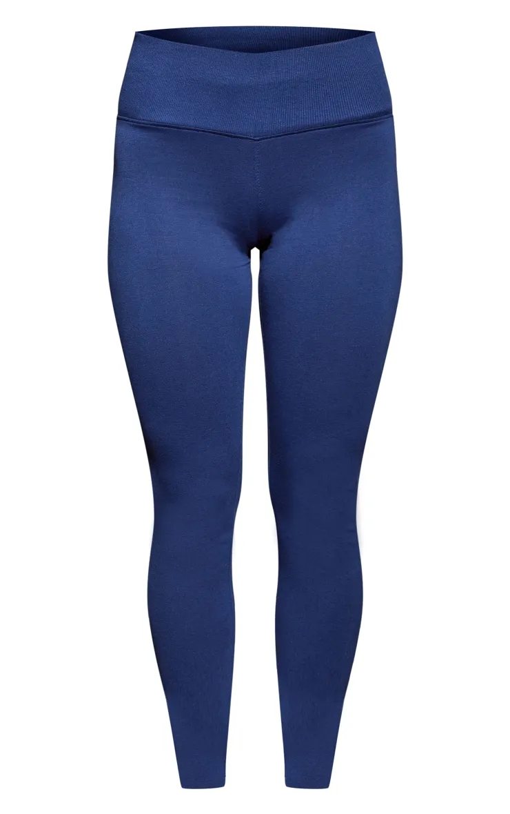 Legging en coton bleu marine à bande côtelée