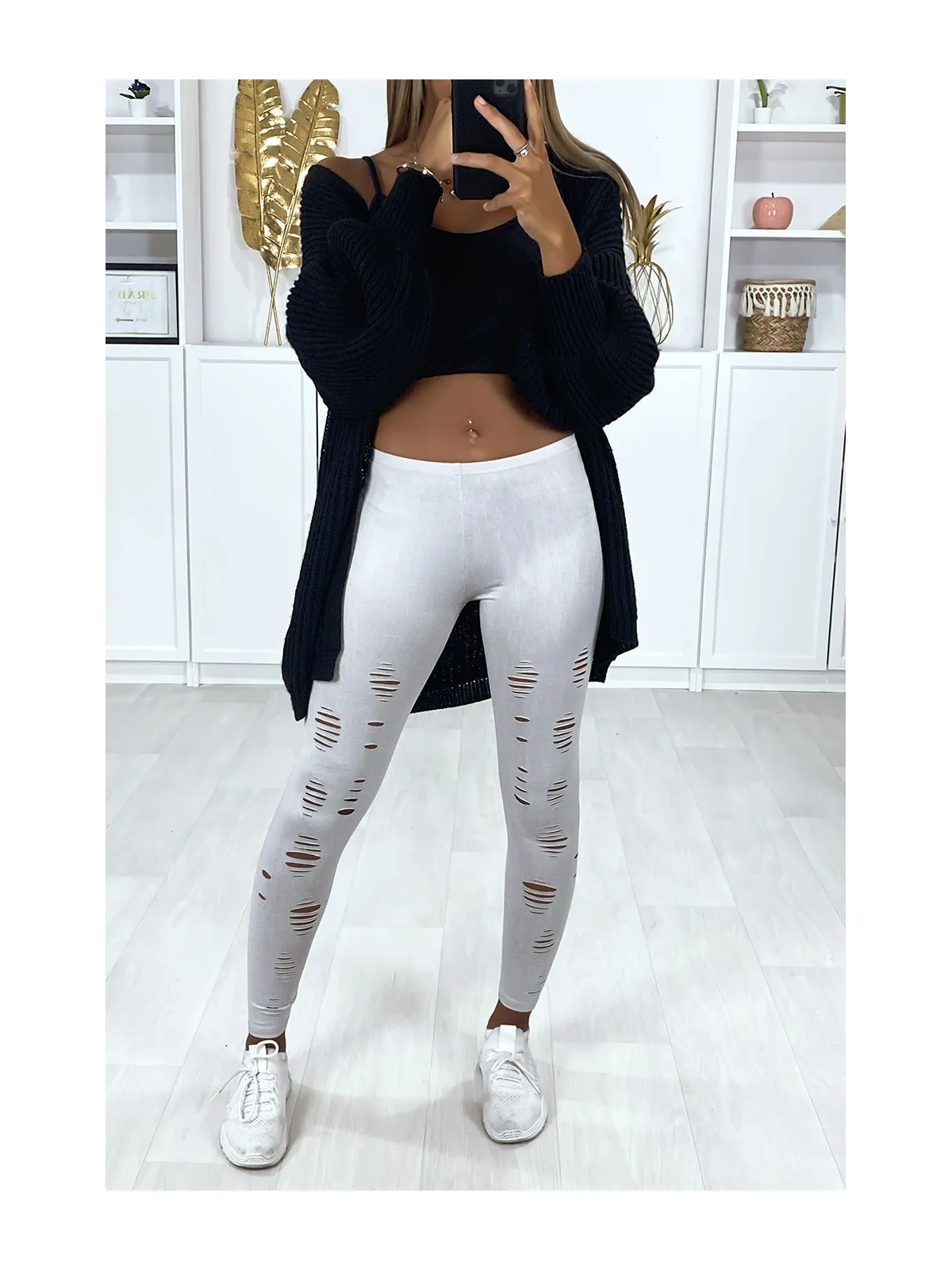 Legging gris matière brillant et extensible effilé à lavant