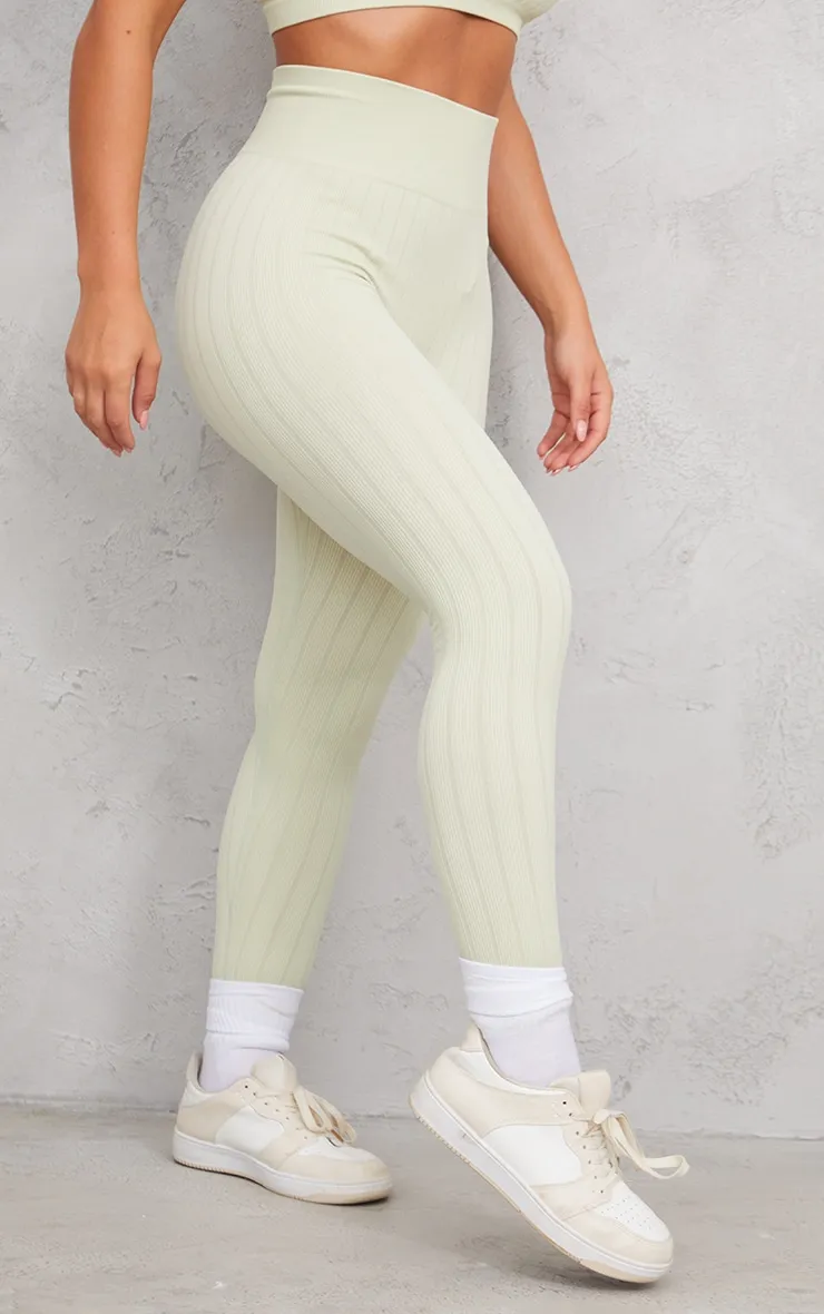 Legging structuré côtelé vert sauge à taille haute