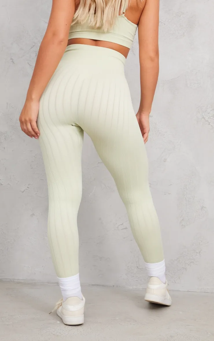 Legging structuré côtelé vert sauge à taille haute