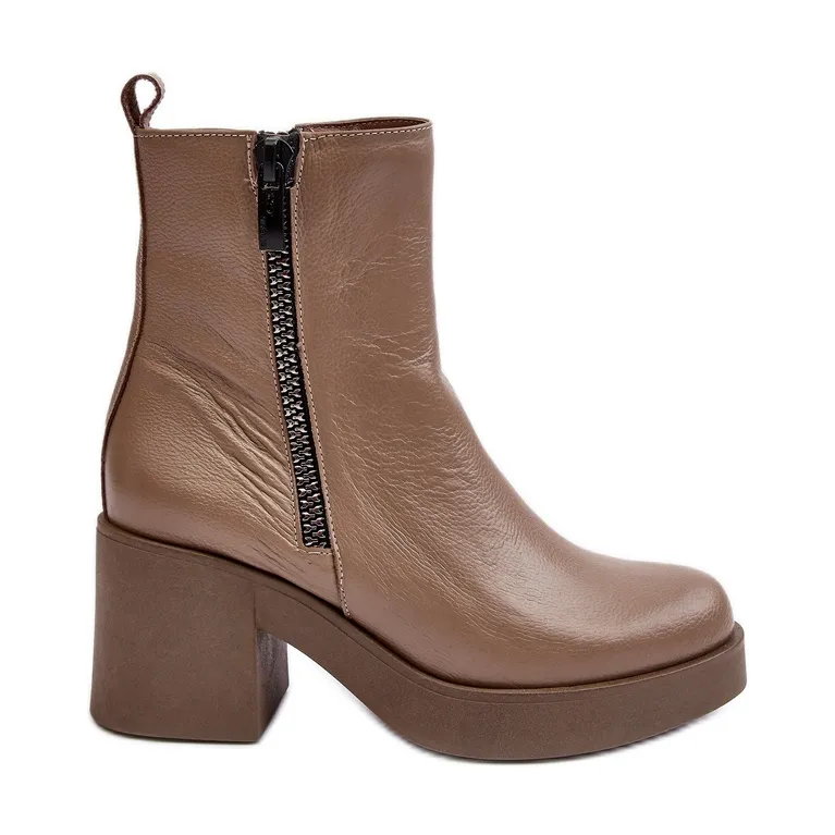 Lemar Littosa Bottines Lemar Littosa en cuir beige foncé sur un talon massif avec fermetures éclair