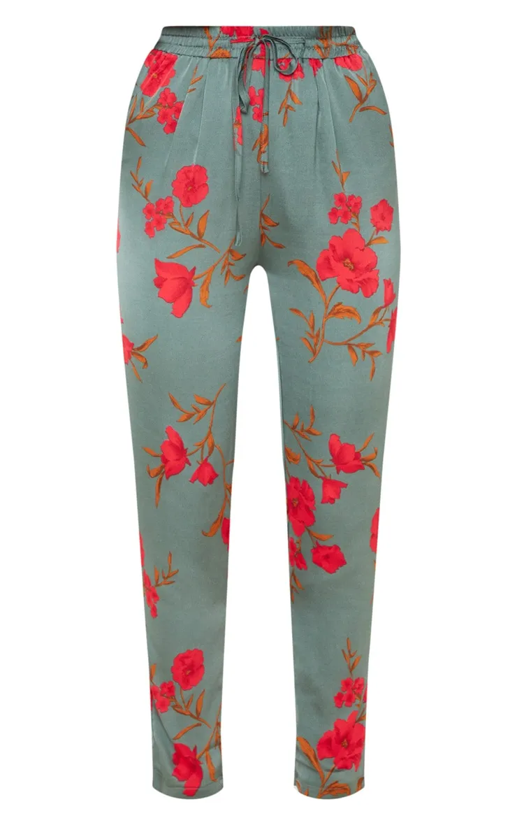 Pantalon cigarette vert imprimé fleuri