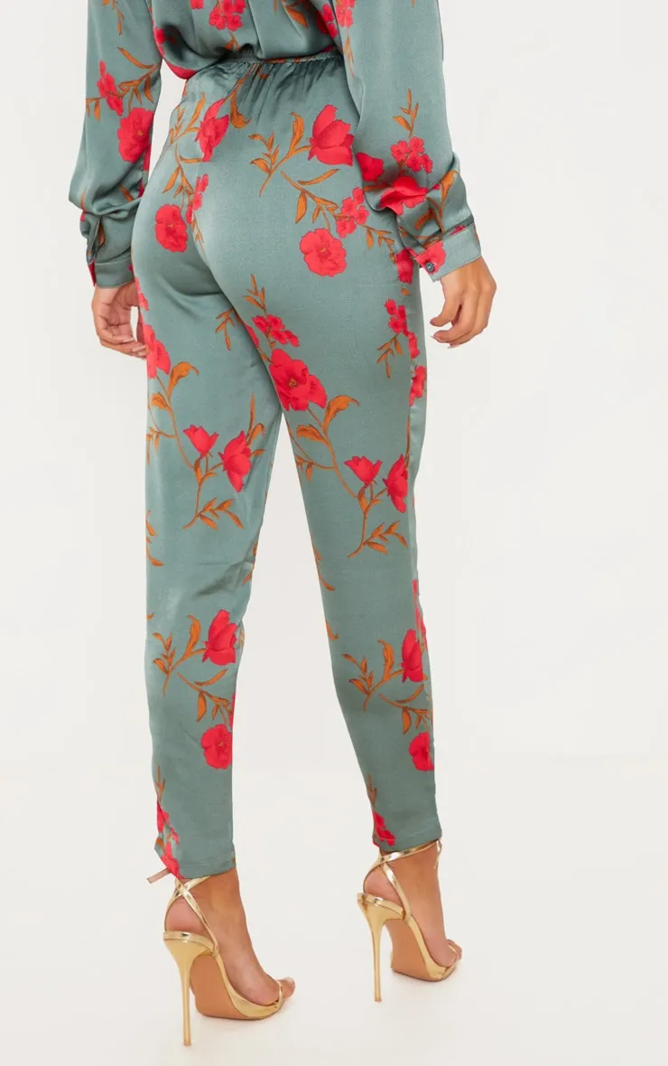 Pantalon cigarette vert imprimé fleuri