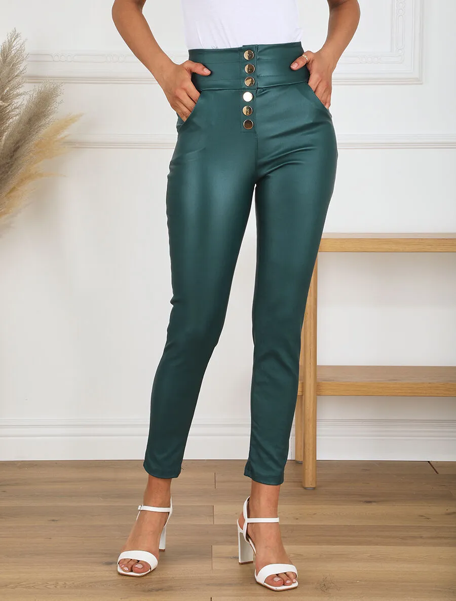 Pantalon ciré slim taille haute - Vert foncé