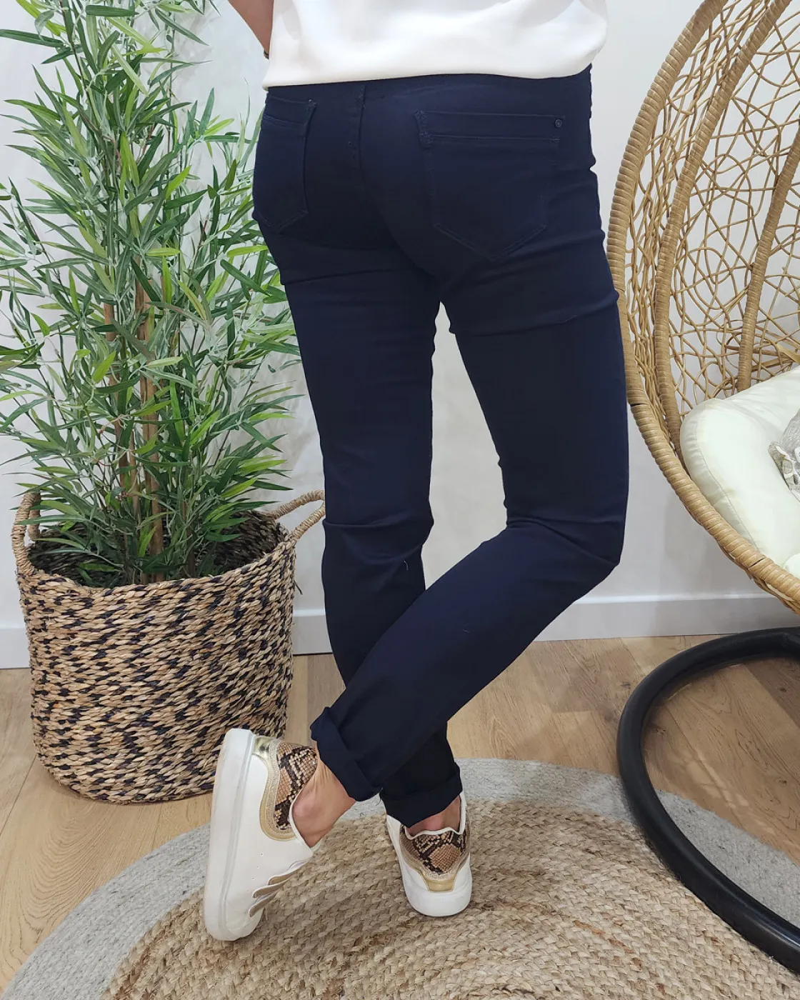 Pantalon femme slim bleu marine fin taille haute