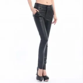 Pantalon Slim en Simili Cuir pour Femme Taille Haute Vintage