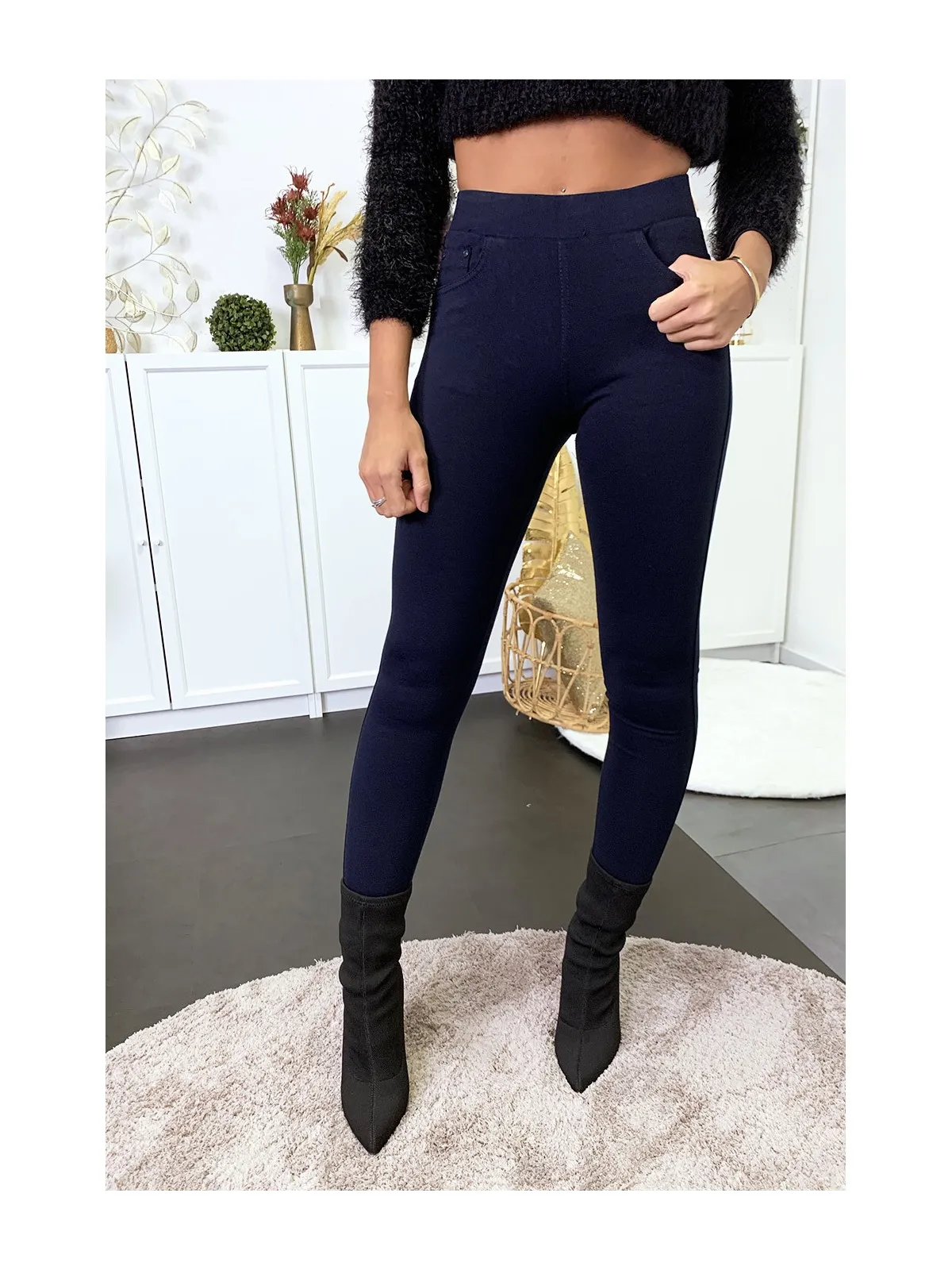 Pantalon slim marine avec 5 poches