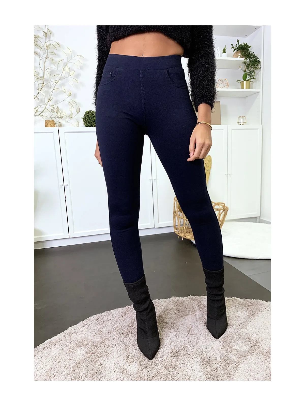 Pantalon slim marine avec 5 poches