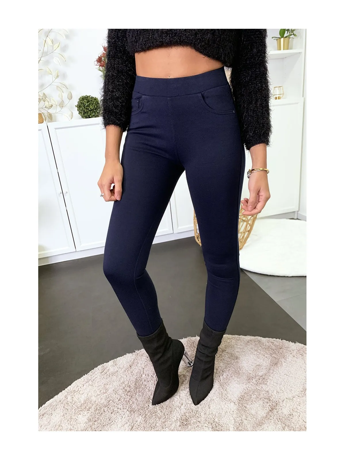 Pantalon slim marine avec 5 poches