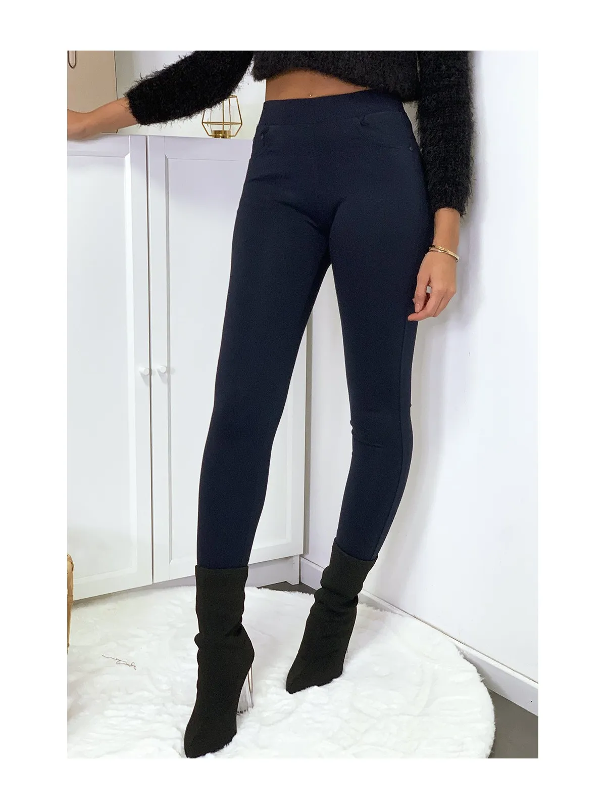 Pantalon slim marine avec 5 poches