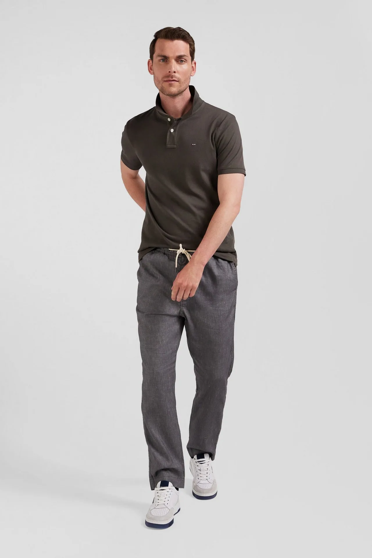 Pantalon à taille élastiquée en lin mélangé coupe Slim gris