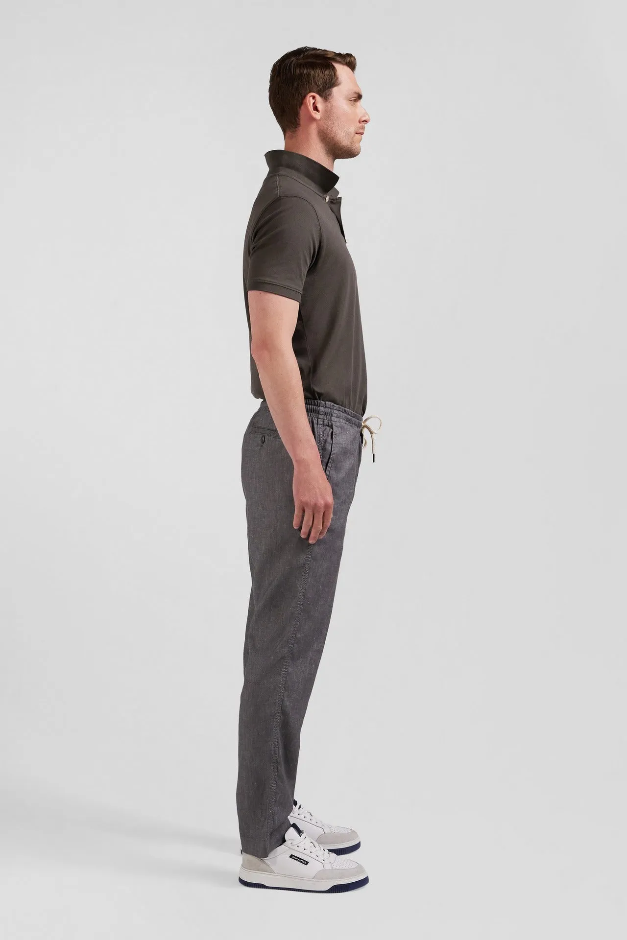 Pantalon à taille élastiquée en lin mélangé coupe Slim gris