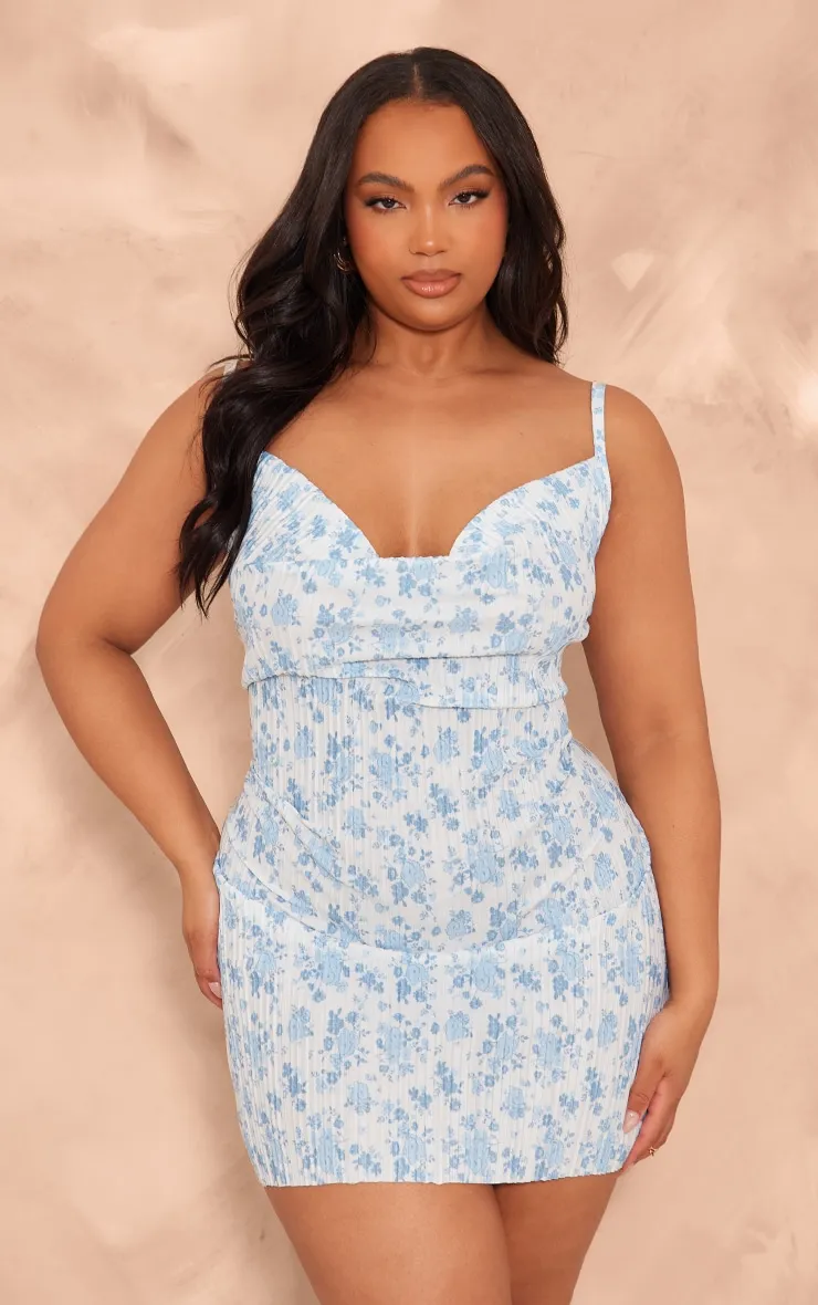 Plus Robe moulante bleu imprimé petites fleurs plissée à col bénitier