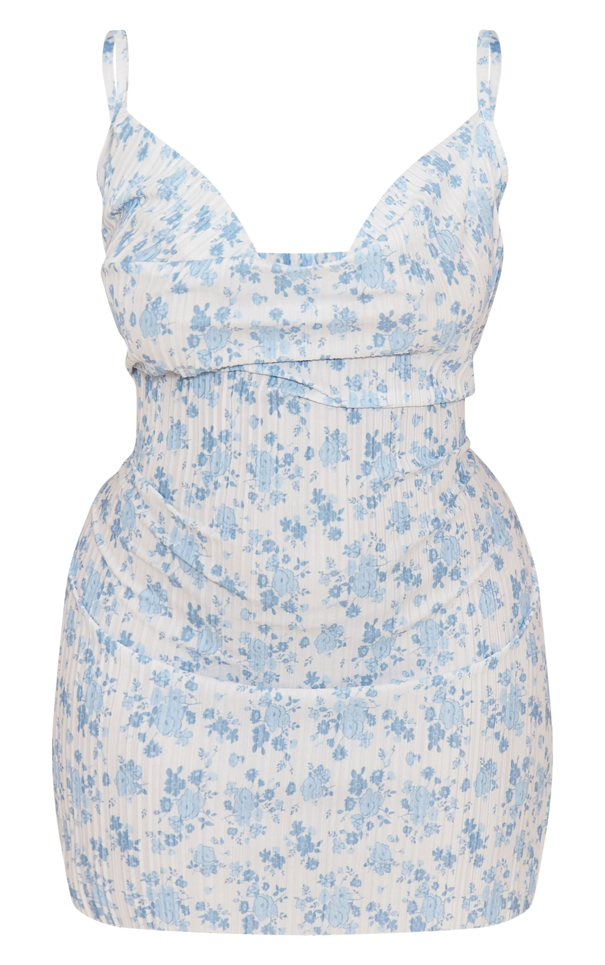 Plus Robe moulante bleu imprimé petites fleurs plissée à col bénitier