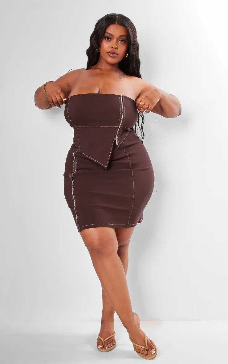 Plus Robe moulante chocolat asymétrique sans coutures à zip et corset