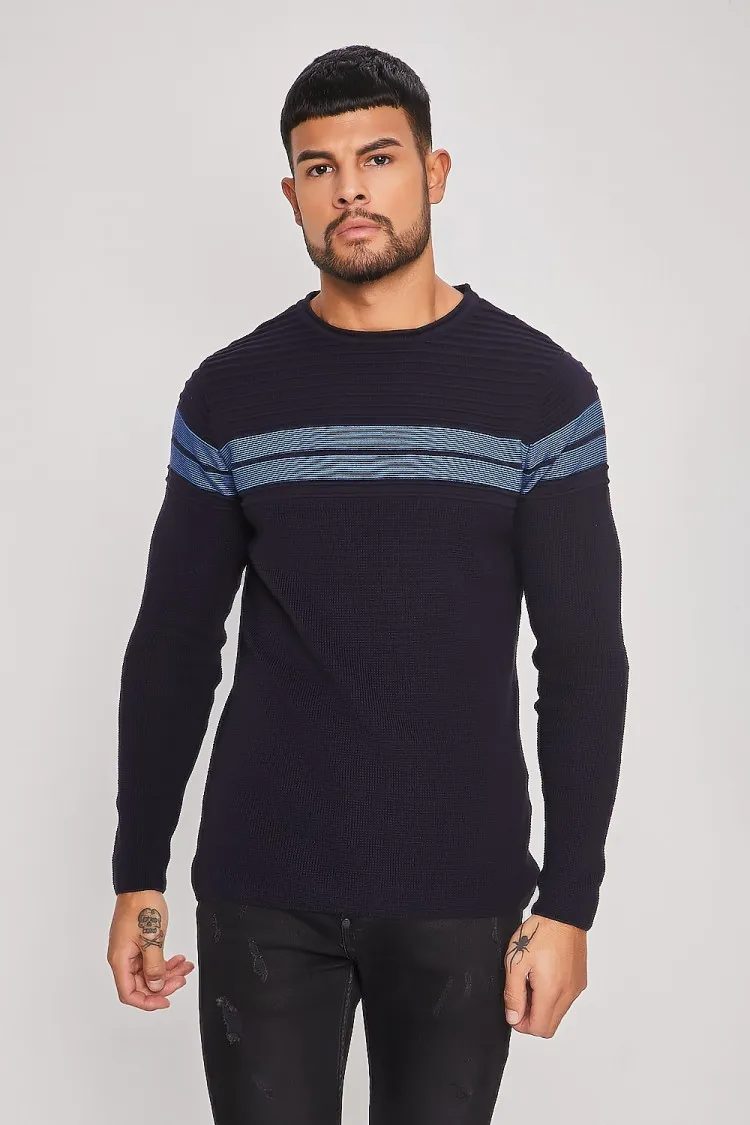 Pull bleu marine à bande rayée bleue