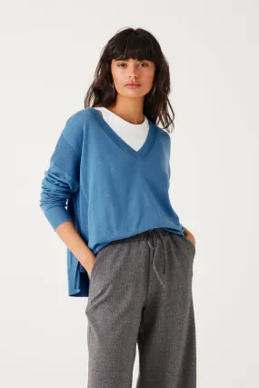 Pull fin oversize col V Femme - Bleu