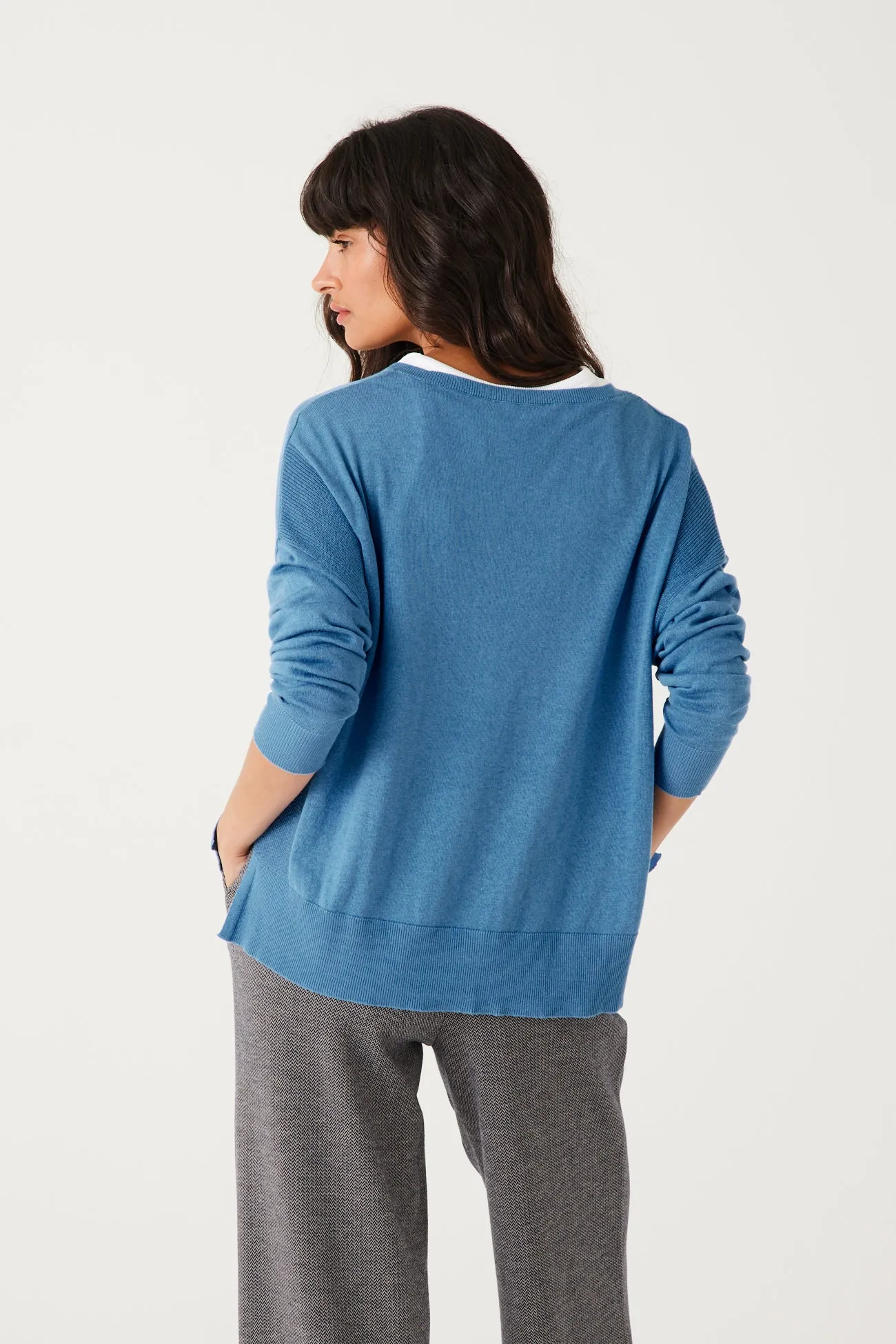 Pull fin oversize col V Femme - Bleu