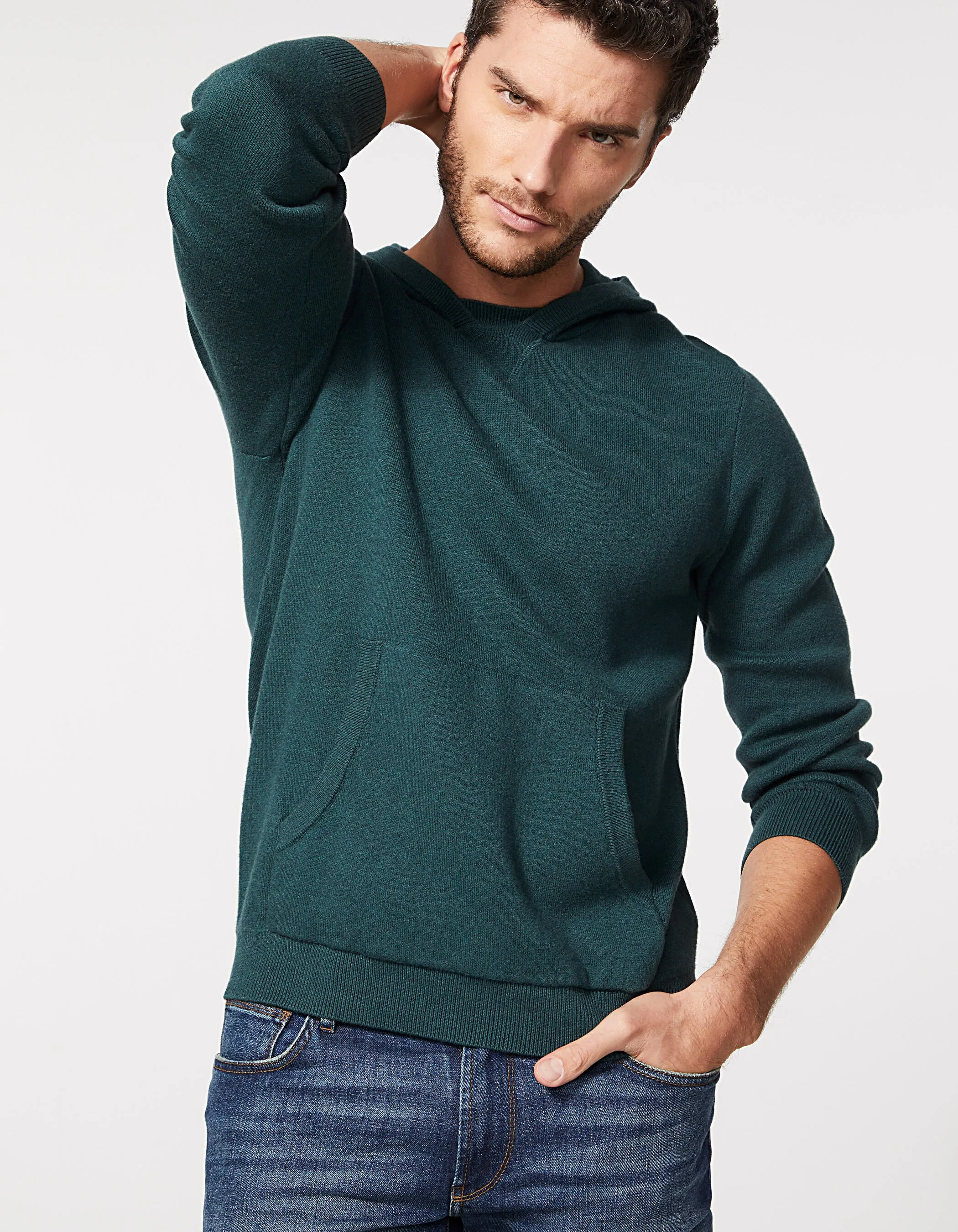 Pull vert anglais tricot à capuche Homme