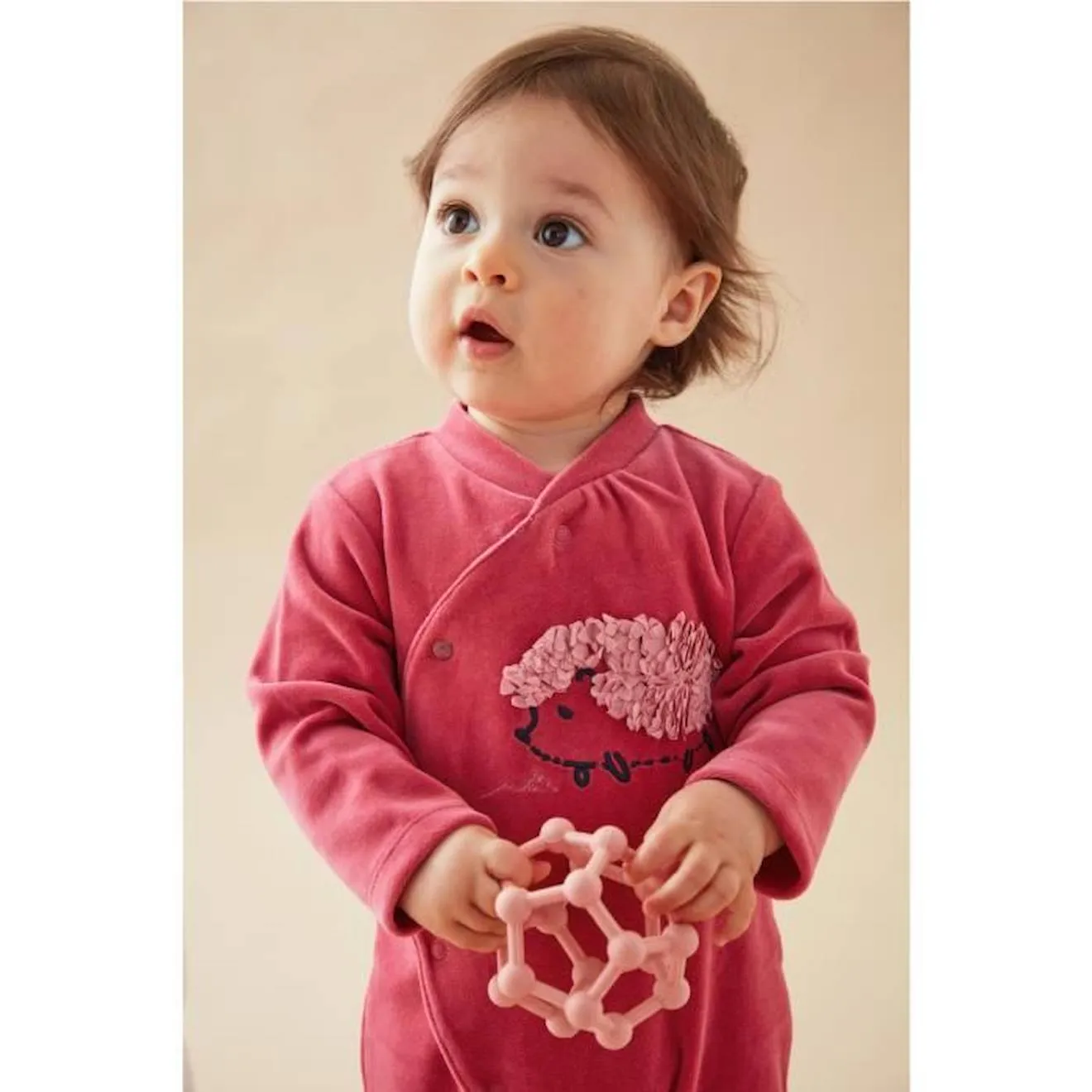 Pyjama 1 pièce en velours broderie hérisson rose - Noukies