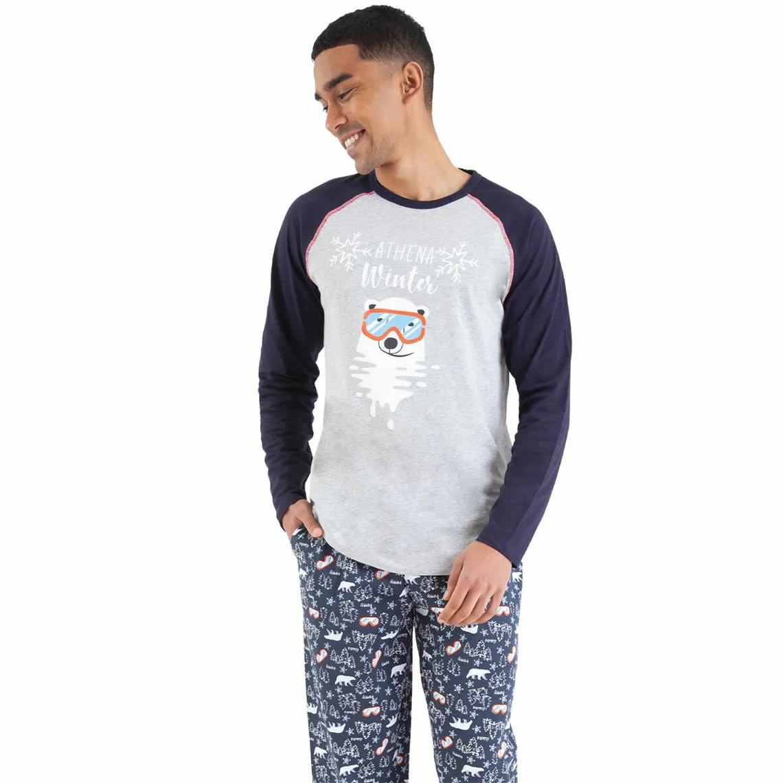 Pyjama long col rond homme Family gris en coton Athéna - Pyjama & Peignoir Homme sur MenCorner