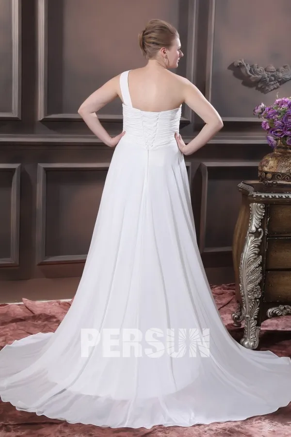 Robe de mariée grande taille asymétrique ruchée avec appliques en Mousseline