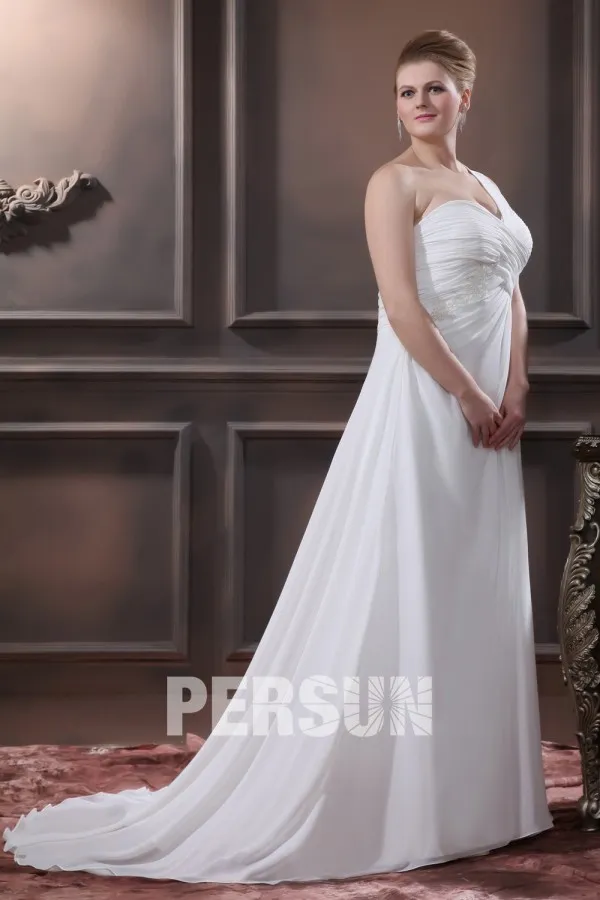 Robe de mariée grande taille asymétrique ruchée avec appliques en Mousseline