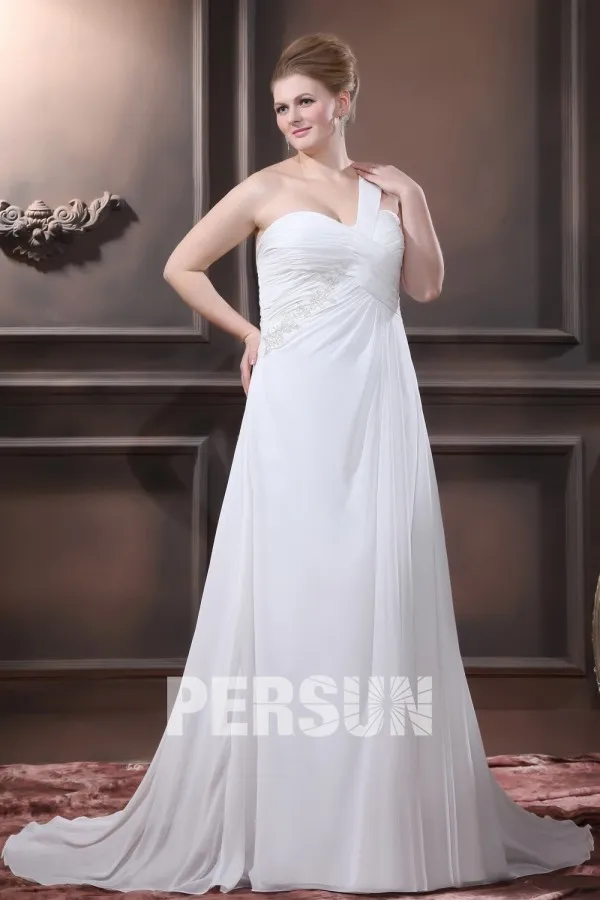 Robe de mariée grande taille asymétrique ruchée avec appliques en Mousseline