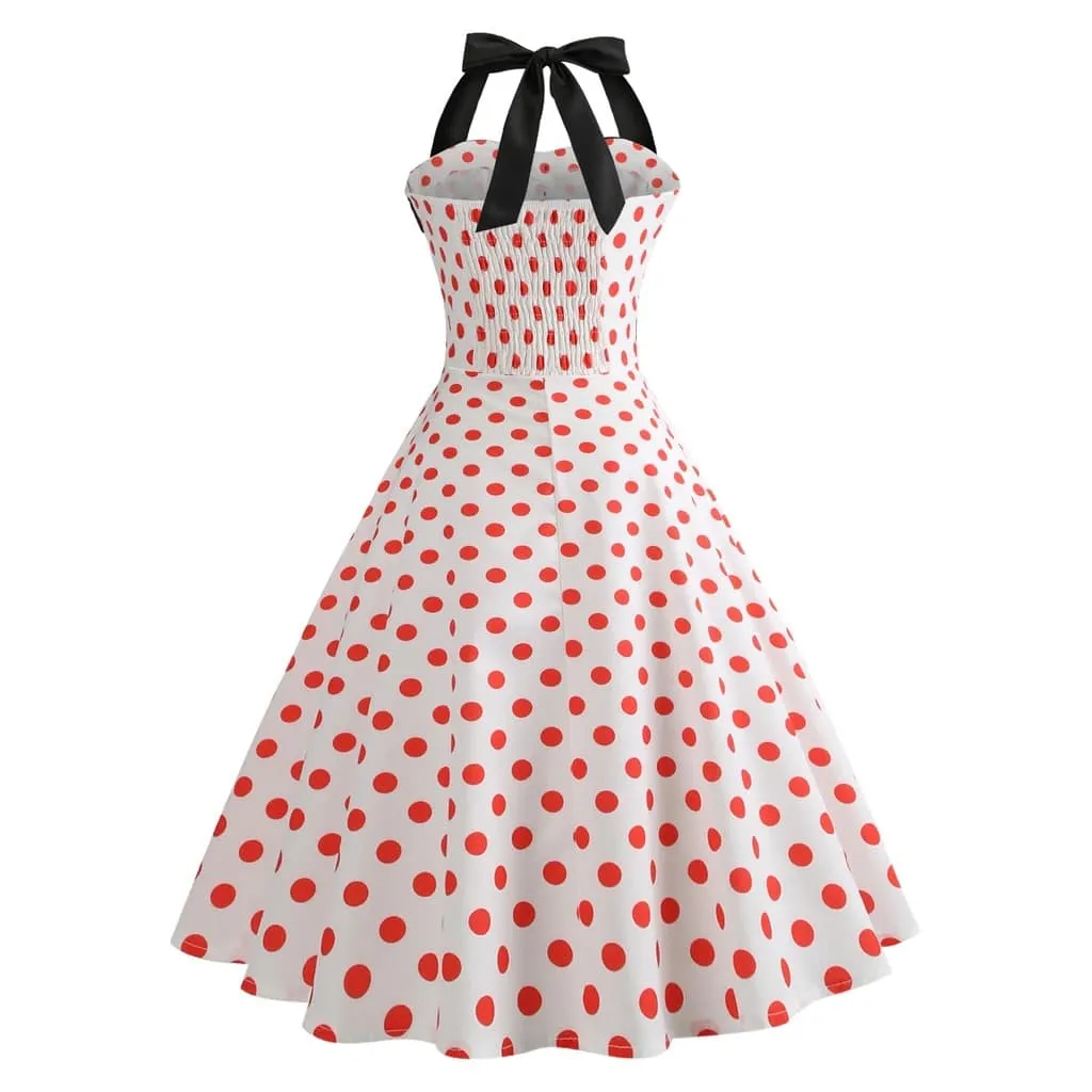 Robe Vintage  Pin-Up Blanche Pois Rouges