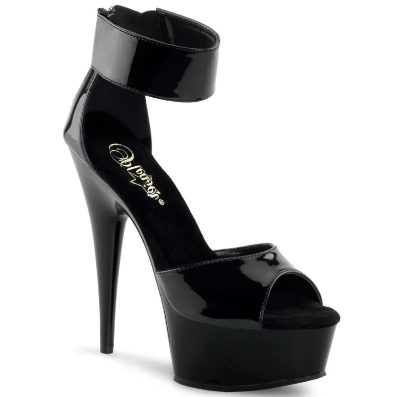 Sandale plateforme vernie noire avec talon stiletto et large bride cheville