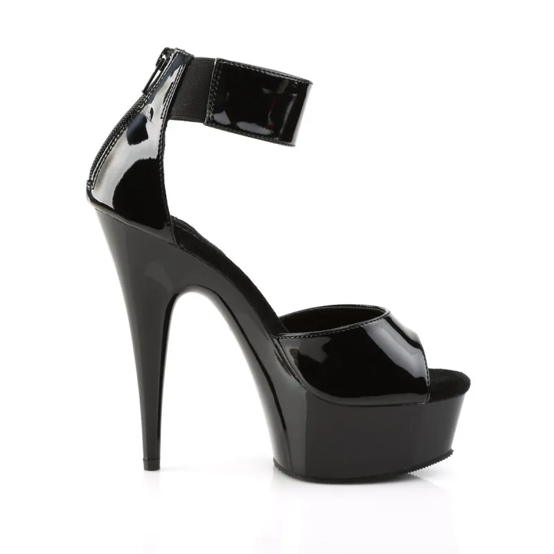 Sandale plateforme vernie noire avec talon stiletto et large bride cheville