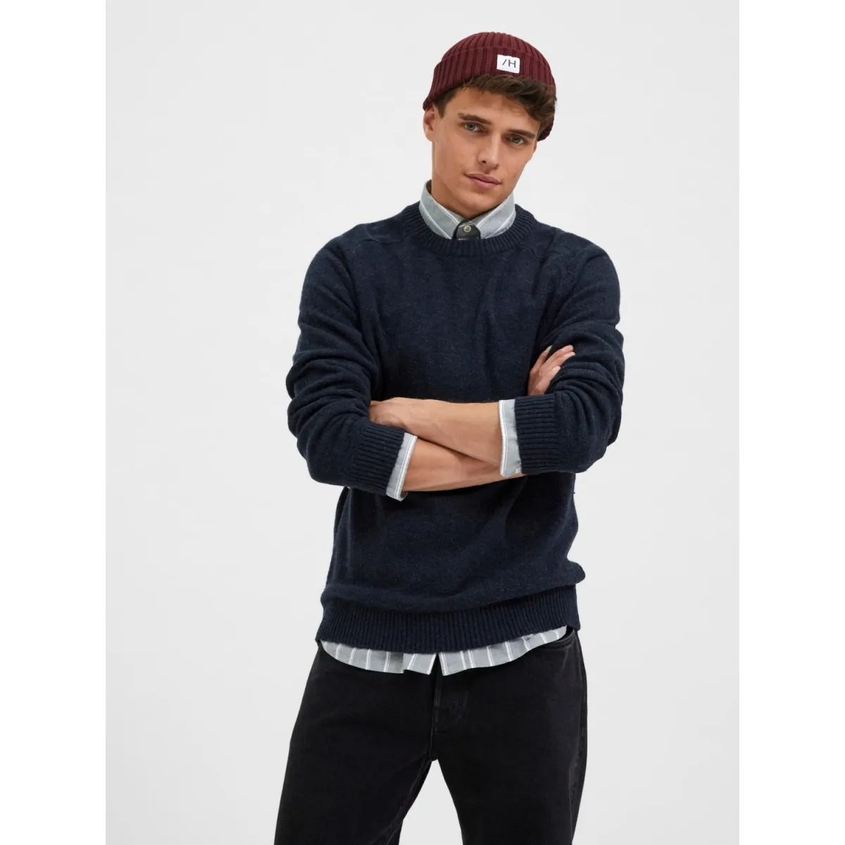 Selected homme - Pull marine chiné en laine