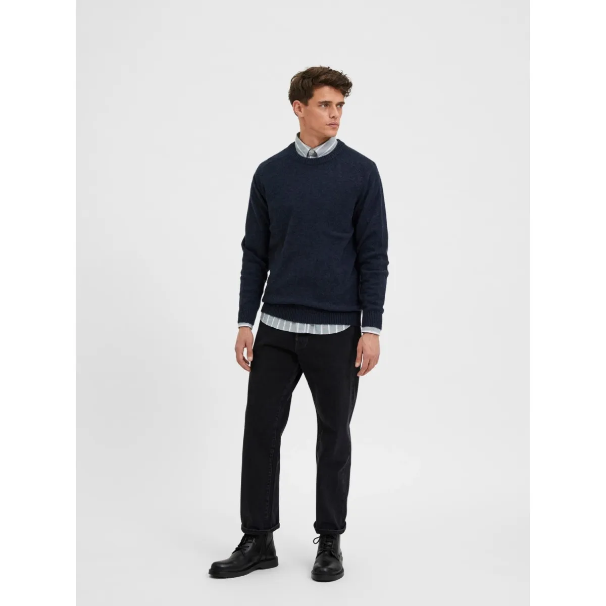 Selected homme - Pull marine chiné en laine