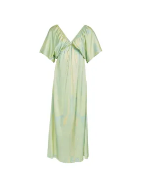 SHAHNAZ - Robe longue caftan manches courtes évasées en viscose lin imprimé Tie & Dye Vert