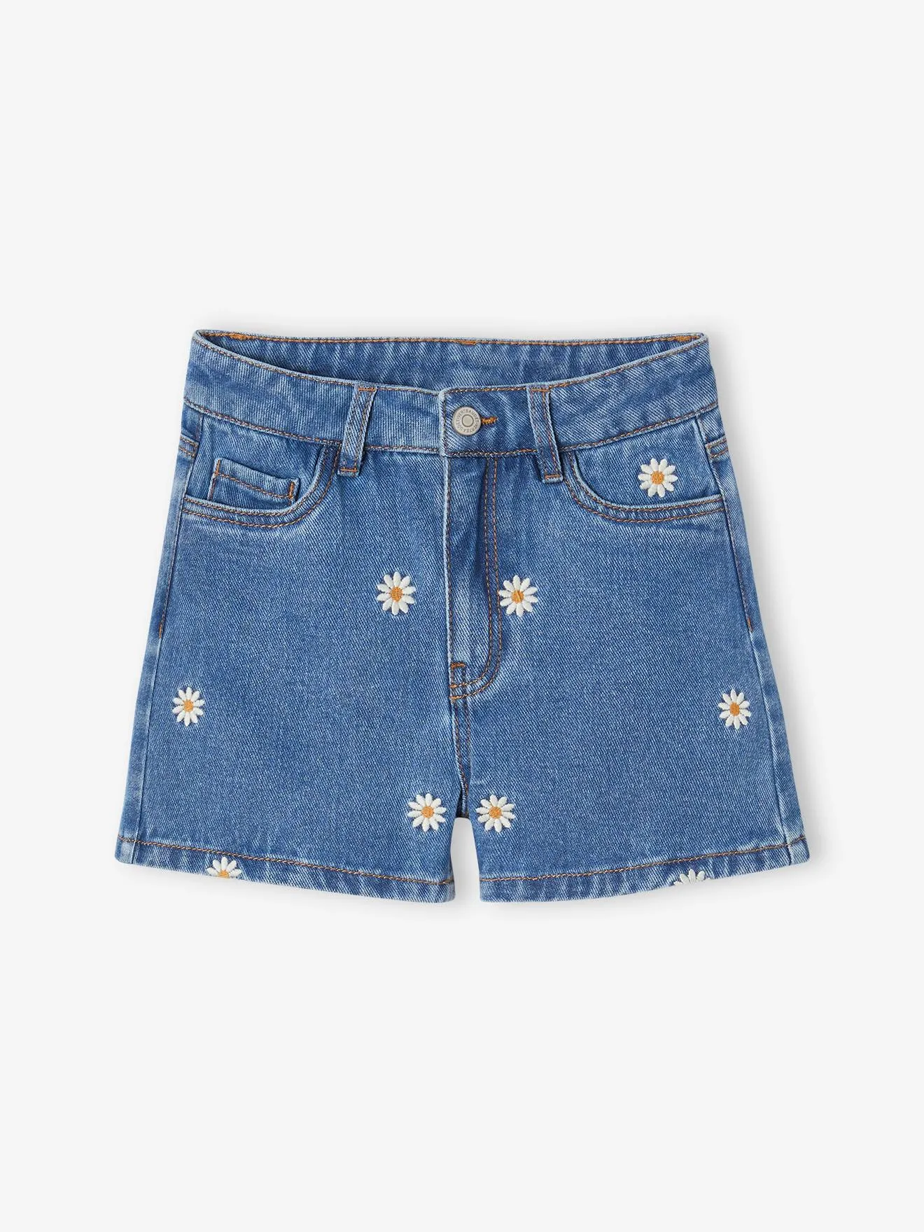 Short en jean brodé fleurs fille stone - Vertbaudet