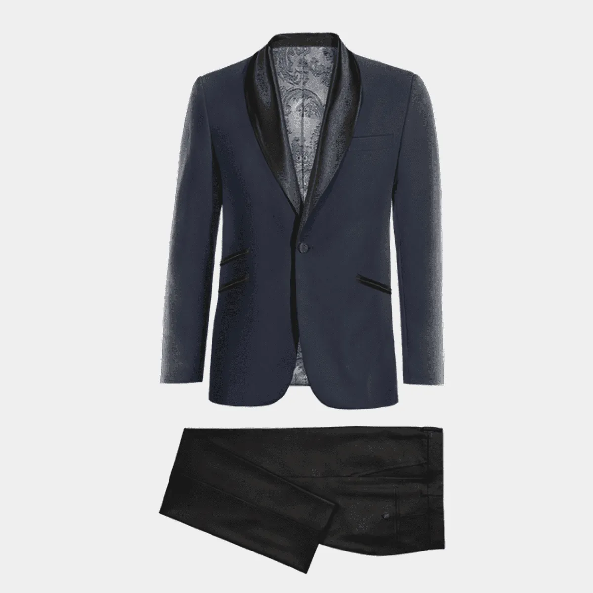 Veste de smoking bleu marine avec larges revers noir et pantalon noir