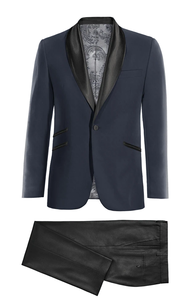 Veste de smoking bleu marine avec larges revers noir et pantalon noir